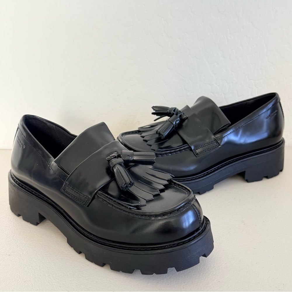 Vagabond Cosmo 2.0 Black Polished Leather Chunky Loafer Tassel Shoes EU40 US9